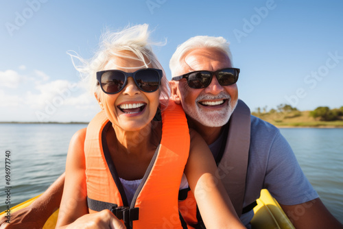 A beautiful senior couple kayaking