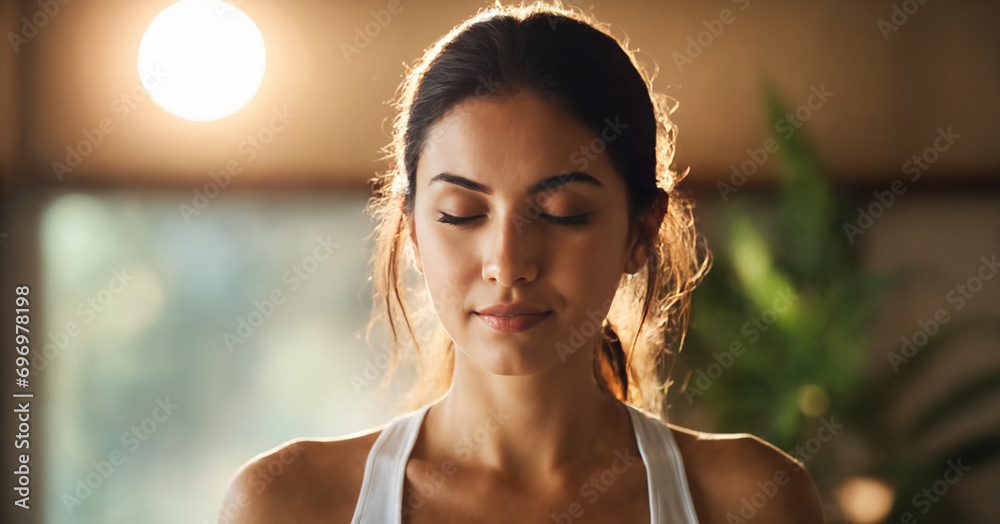 A serene image capturing a woman in a state of deep meditation, with closed eyes and a focus on the Ajna or third eye chakra symbol. - obrazy, fototapety, plakaty 