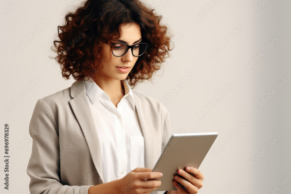Young woman wearing glasses watching something on her digital tablet Young woman wearing glasses watching something on her digital tablet