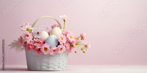 Easter banner with wicker basket with eggs and tender pink spring flowers. Banner with copy-space photo