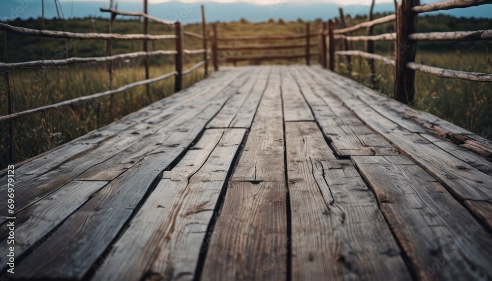 a close up of a wooden bridge with grass and trees in the background and a blue sky with a few clouds in the distance and a few clouds in the distance. a close up of a wooden bridge with grass and trees in the background and a blue sky with a few clouds in the distance and a few clouds in the distance.