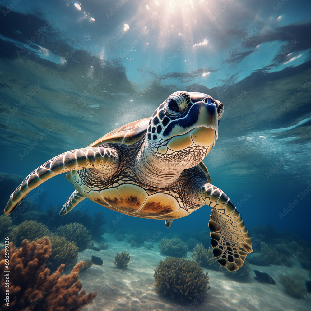 Fototapeta premium Green sea turtle swimming underwater in the blue ocean