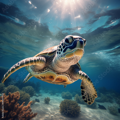Green sea turtle swimming underwater in the blue ocean