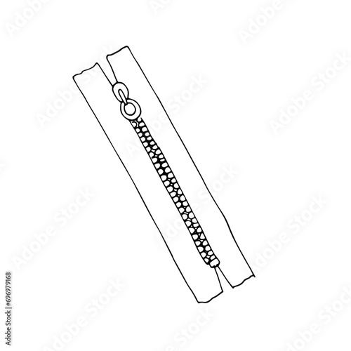 Hand-drawn zipper closure close-up. Zipper outline.  Vector illustration Isolated on a white background.