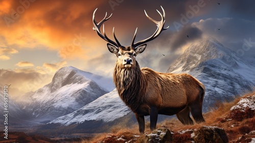 A montage of a majestic red deer buck in Gorgeous Alpen Glow against Scottish Highlands' snow-capped mountains during a breathtaking Winter sunrise. © ckybe