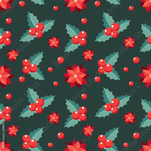 Christmas holly berries and poinsettia, seamless pattern for gift wrapping paper, festive design, traditional background.