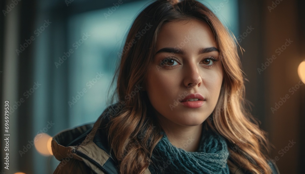 a woman with long hair and a scarf around her neck looking at the camera with a blurry background of boke lights in the foreground of the image. a woman with long hair and a scarf around her neck looking at the camera with a blurry background of boke lights in the foreground of the image.