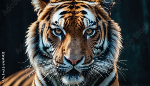 a close up of a tiger s face looking at the camera with a serious look on it s face and a blurry background of a wood wall.