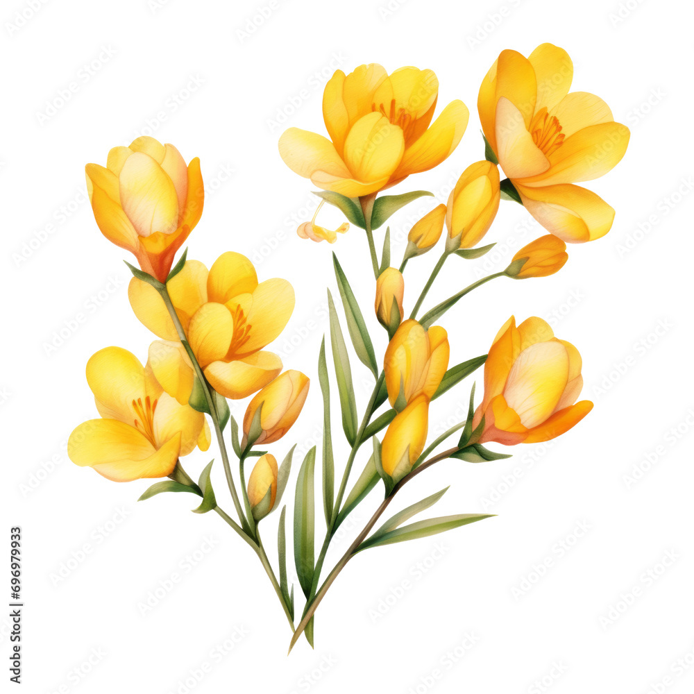 Beautiful Blooming Bright Yellow Freesia Flower Botanical Watercolor Painting Illustration