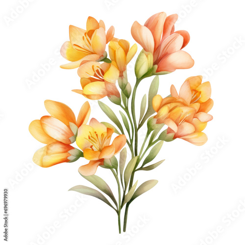 Beautiful Blooming Yellow And Orange Freesia Flower Bouquet Botanical Watercolor Painting Illustration