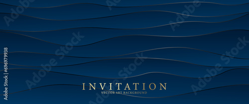 Dark blue elegant vector abstract background with waves and gold lines. Modern premium 3d gradient illustration for cover design, card, flyer, poster, luxe invite, prestigious voucher and invitation.