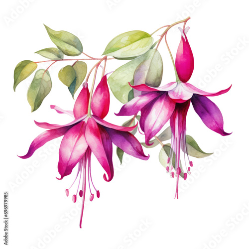 Elegant Pink and Purple Fuchsia Flower Botanical Watercolor Painting Illustration