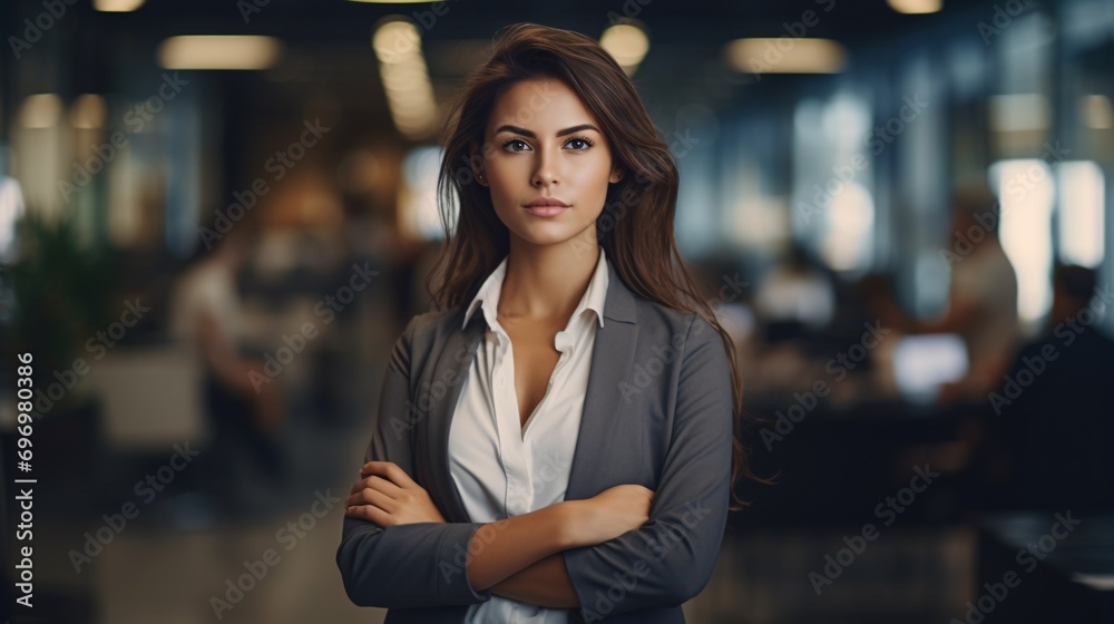 Resolute on succeeding at any expense, a striking young executive stands alone with crossed arms in the office during a late work session. Resolute on succeeding at any expense, a striking young executive stands alone with crossed arms in the office during a late work session.