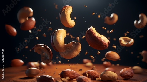 Flying nuts on a black background. 3d rendering, 3d illustration.