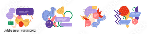 Abstract shapes. Geometric fun elements. Figure geometry. Flat circles and curve spots collage. Allegory concept. Idea metaphor. Message icon. Emoji and chat bubble. Vector garish creative forms set