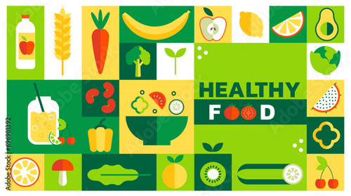 Food healthy farm, geometric forms, vegan restaurant menu cover or poster. Organic bio foods, eco modern nature, avocado, peppers and cucumber, square and rectangle elements. Vector minimal brochure