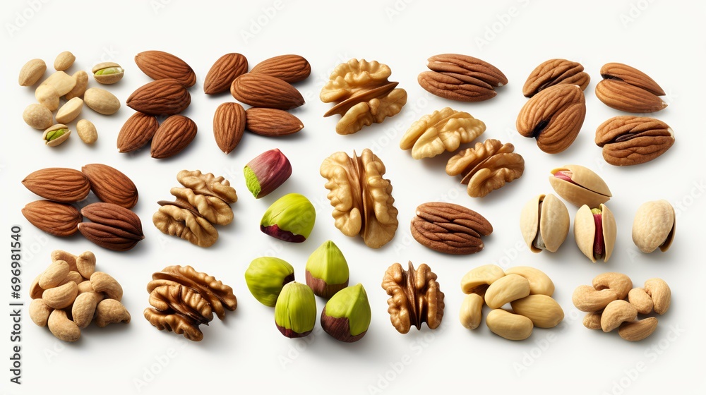 Different kinds of nuts on a white background. Top view. Flat lay Different kinds of nuts on a white background. Top view. Flat lay