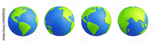 Green earth, planet world different angles view. Mapping, travel globe, atmosphere map symbol hemispheres, signs Australia and Africa, Europe, Asia and oceans, worldwide icons. Vector bubble 3d signs