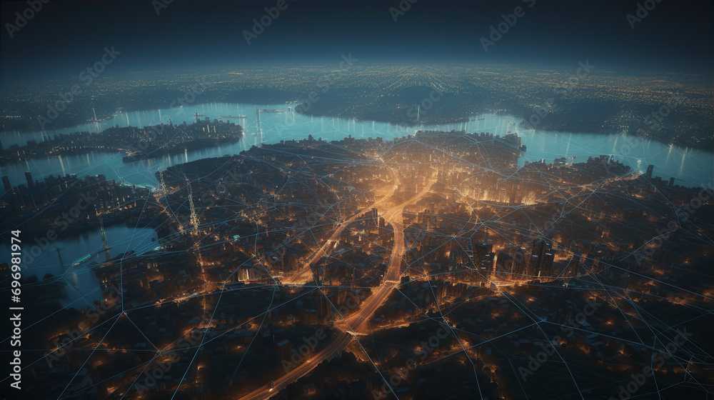 Bronze Glow: Futuristic World Network with Luminous Urbanity