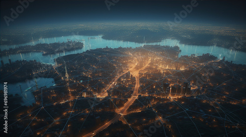 Bronze Glow: Futuristic World Network with Luminous Urbanity
