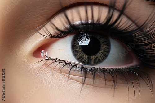 A woman's peepers framed by long, lush eyelashes in a closeup shot.
