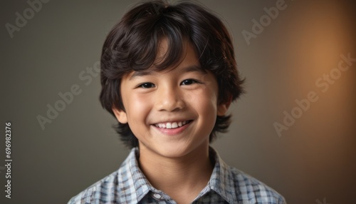  a close up of a young person wearing a plaid shirt and smiling at the camera with a gray wall in the background and a light on the wall in the background.