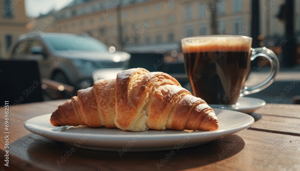 a croissant sits on a plate next to a cup of coffee on a wooden table in front of a building with cars parked on the street in the background. a croissant sits on a plate next to a cup of coffee on a wooden table in front of a building with cars parked on the street in the background.