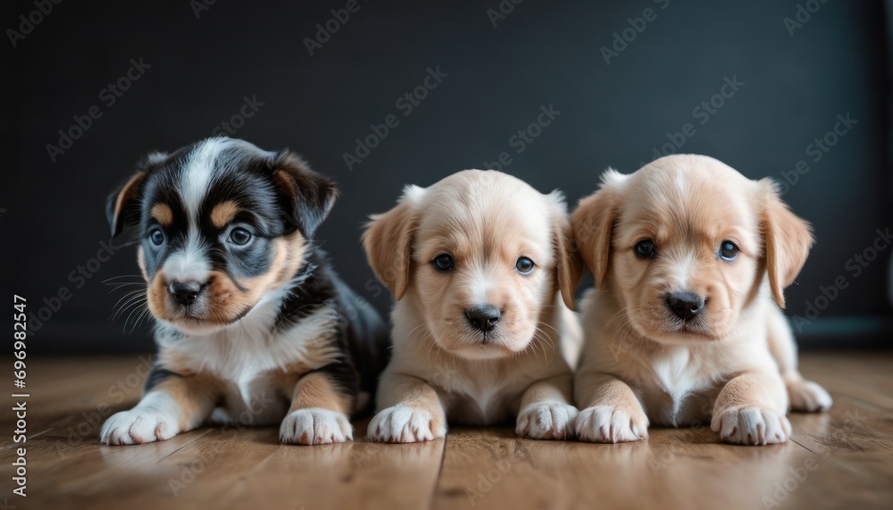 a group of three puppies sitting next to each other on top of a hard wood floor in front of a black wall with a blue eye in the center.
