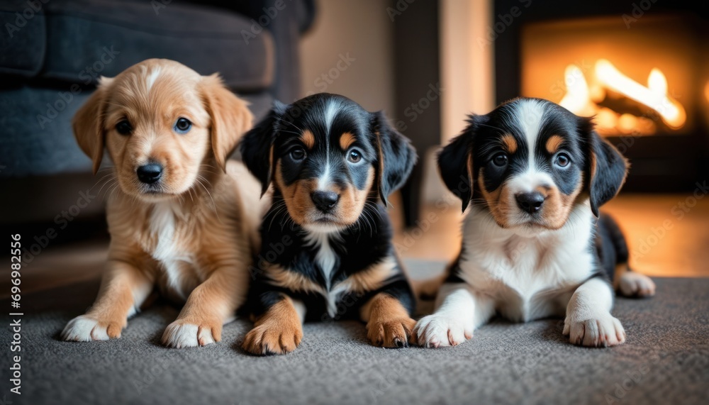 a group of three puppies sitting next to each other in front of a fire place in a living room next to a blue couch and a black and white chair. a group of three puppies sitting next to each other in front of a fire place in a living room next to a blue couch and a black and white chair.