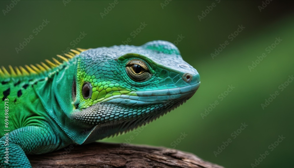  a close up of a green and yellow lizard on a tree branch with a blurry back ground and a blurry back ground behind the image of the lizard.