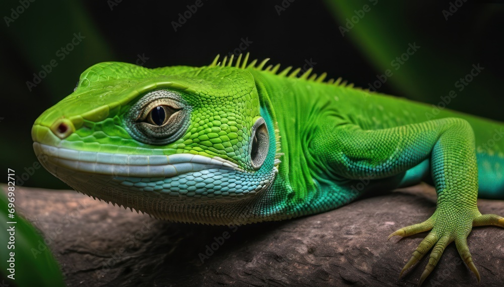 a close up of a green lizard on a tree branch with leaves in the backgrounge of the image, with a black background of green leaves and a black background. a close up of a green lizard on a tree branch with leaves in the backgrounge of the image, with a black background of green leaves and a black background.