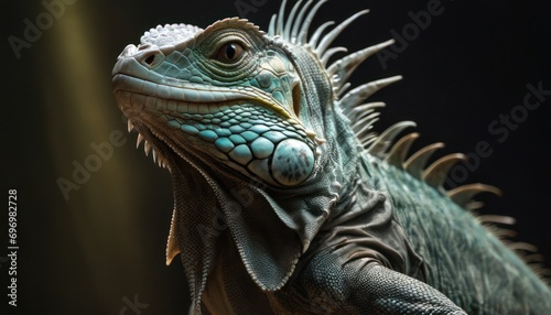  a close up of an iguana on a black background with light coming through the top of the head and the bottom part of the body of the head. © Jevjenijs