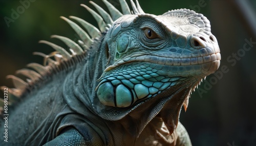  a close up of an iguana's head with spikes on it's head, with a blurry background of trees and bushes in the background. © Jevjenijs