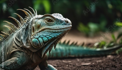  a close up of a green iguana on a dirt ground with trees in the back ground and dirt on the ground and dirt on top of the ground.