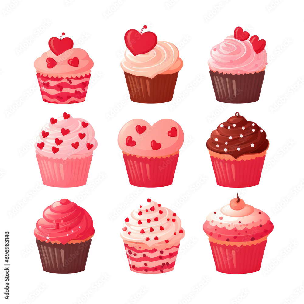 set of Pink and Red Valentine's cupcakes with hearts vectors on white background set of Pink and Red Valentine's cupcakes with hearts vectors on white background