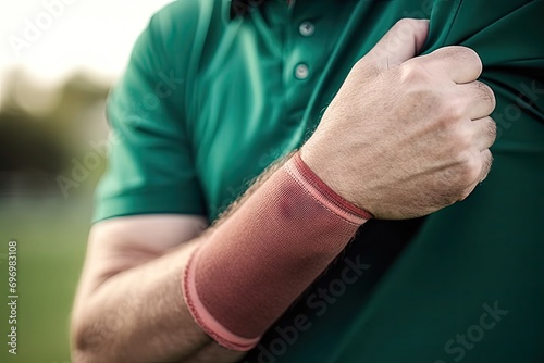 sports elbow pain man golf course holding arm game massage relief health wellness green zoom hands muscle support golfer ache golfing workout © akkash jpg