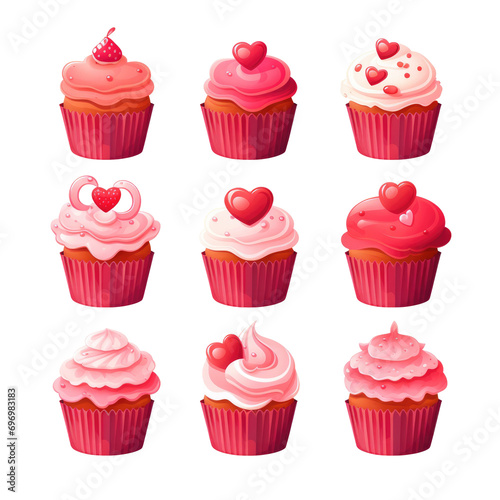 set of Pink and Red Valentine s cupcakes with hearts vectors on white background
