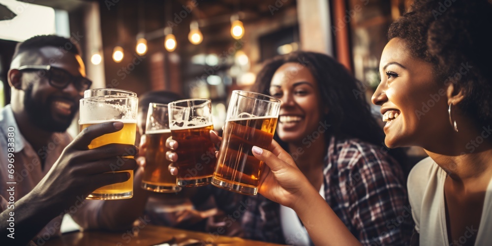 A diverse group of friends cheers with beer at a brewery, embracing the food and drink lifestyle.