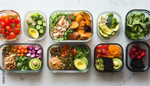 Healthy food in glass containers, top view