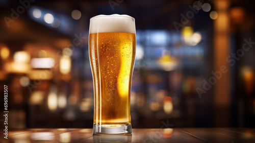 Glass of chilled beer on table and blurred bar background. Glass of beer in a pub close-up.