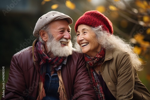 Elderly couple enjoying themselves outside, captured in a portrait.