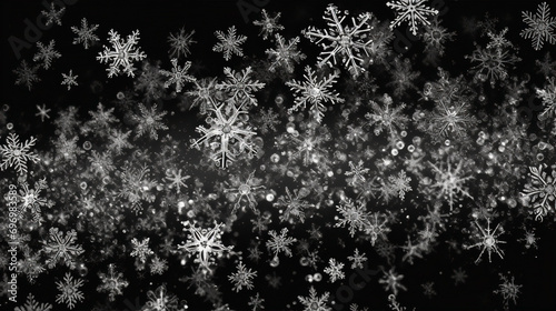Midnight Snowfall: Delicate Snowflakes Against a Mysterious Black Background