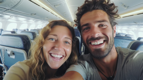 Young handsome couple taking a selfie on the airplane during flight around the world. They are a man and a woman, smiling and looking at camera. Travel, happiness and lifestyle concepts. © Natalia Klenova