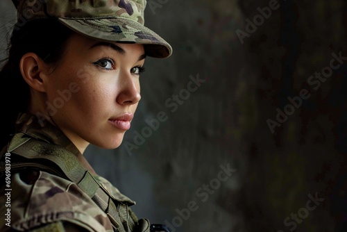Embracing Valor: Intimate Close-Up View of a Compelling Female Army Recruitment Promotion Background with Ample Space for Informative Text