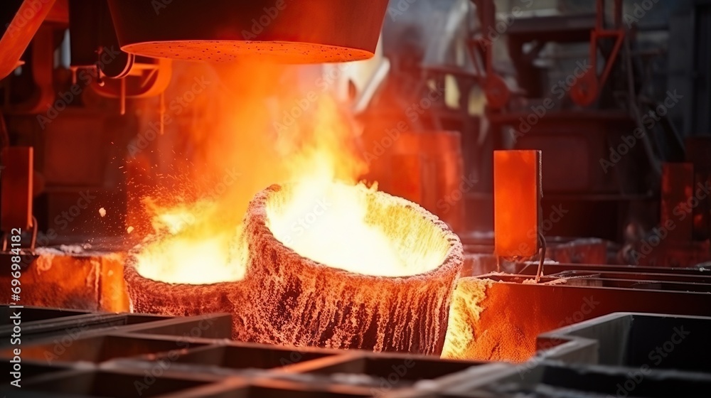 Steel making workshop, Melted molten metal is poured with sparks. Smelting of cast iron parts. Steel Mill Factory