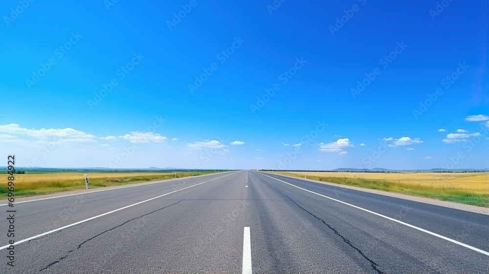 Naklejka premium highway in the grassland background of blue sky and bright clouds, long road stretches into the distance. empty street on a beautiful sunny day