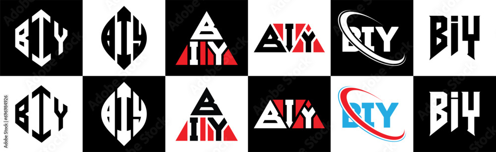 BIY letter logo design in six style. BIY polygon, circle, triangle, hexagon, flat and simple style with black and white color variation letter logo set in one artboard. BIY minimalist and classic logo