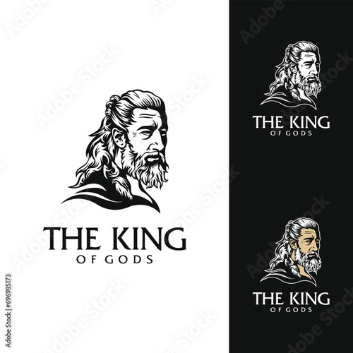 Vector head of a long haired, bearded old man king with a tough face isolated on white and black background