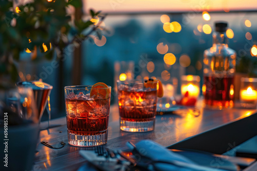 Negroni terrace sunset, a sophisticated outdoor setting with friends enjoying Negronis on a terrace at sunset, warm hues and city lights in the background.