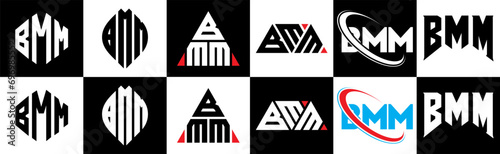 BMM letter logo design in six style. BMM polygon, circle, triangle, hexagon, flat and simple style with black and white color variation letter logo set in one artboard. BMM minimalist and classic logo